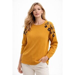 Fair Lady Embroidered Sweater Mustard Yellow Floral Knit Size 12